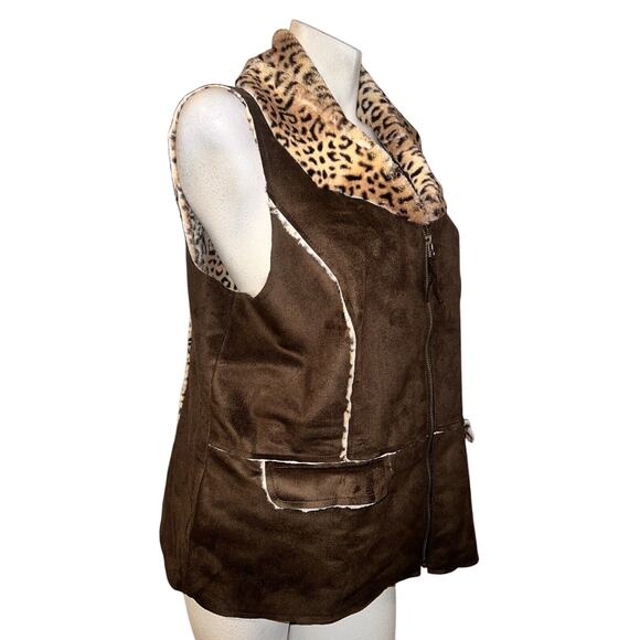 CHICO'S Jacket Size L (2) Brown Zip w/Leopard Print Faux Fur Gilet Vest Mob Wife - Picture 3 of 6